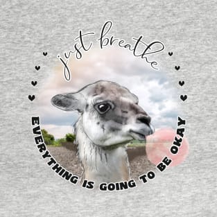 Cute Llama with Bubblegum Just Breathe T-Shirt